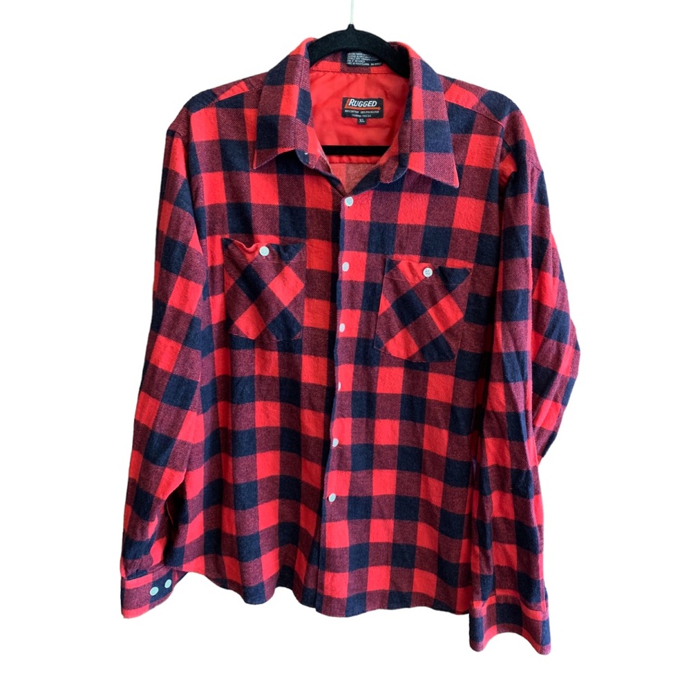 Rugged red black flannel plaid longsleeve button down collared shacket blouse
